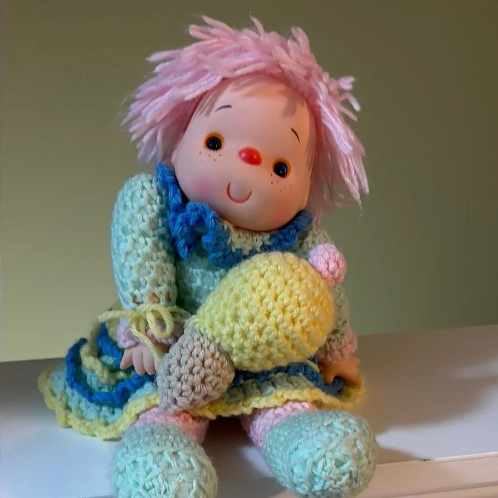 Vintage Adorable Pink and Blue Crochet Doll